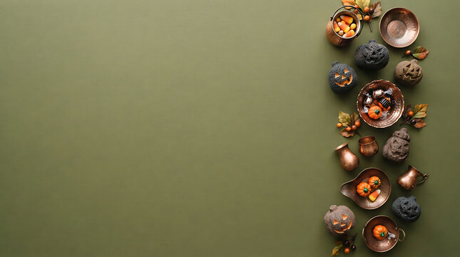 Carved Stone Jack-O'-Lanterns Arrangement with Autumn Leaves and Miniature Copper Pots