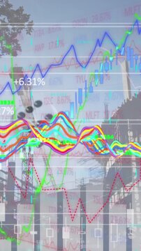 Animation of statistics and financial data processing over cityscape