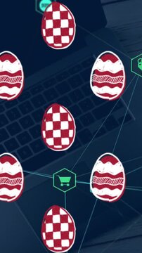 Vertical video: Playback starting, egg icons drifting over laptop, exposing shop hexes and 50%