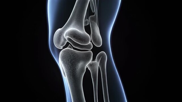 Medical illustration of a human knee joint anatomy showing bones and cartilage structure.