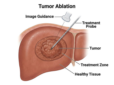 Medical tumor ablation procedure with treatment probe illustration isolated on white background