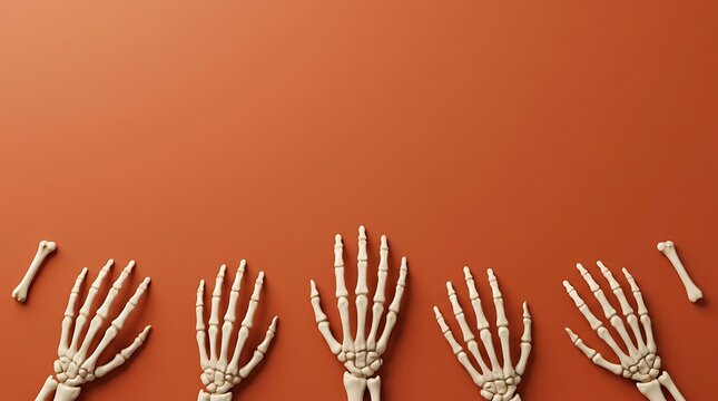 Human skeleton hands with floating bones on red gradient background