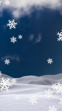 Animation of snow falling over winter landscape and sky