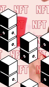 Vertical video: Man turning, raising red banner, celebrating medal while NFT overlay masking face