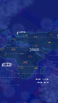Vertical video: Virus shapes drifting, sparking Africa map HUD marking pulsing alerts for tracking