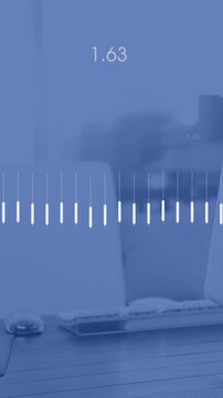 Animation of heart rhythm, lines and increasing numbers over empty chair and desktop on desk