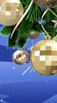 Animation of fir tree branches with decoration in winter landscape
