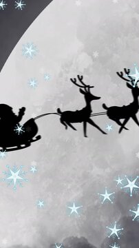 Animation of santa claus in sleigh with reindeer moving over moon and snowflakes falling