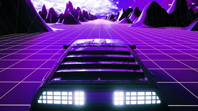 Seamless Synthwave Driving Loop With Glowing Car and Polygonal Mountains