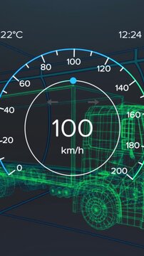 Animation of car panel over digital truck on black background