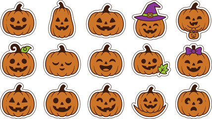 Fototapeta premium Set of cute cartoon jack o lanterns with various funny expressions for halloween party decoration and design elements