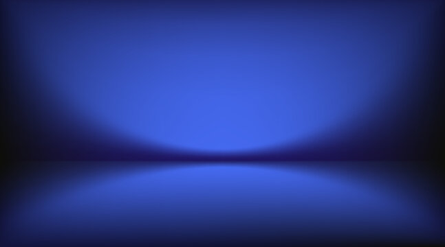 Blue gradient room backdrop features 3D studio space with deep navy tones. Vector background illustration creating sophisticated platform for cosmetic and business product showcases