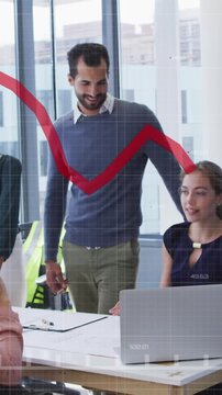 Animation of statistical data processing against team of diverse colleagues discussing at office