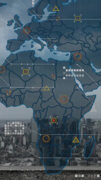 Animation of world map and data processing over cityscape