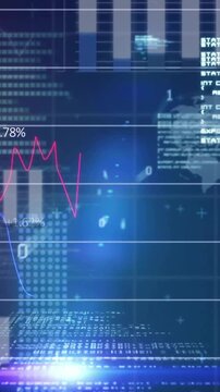 Animation of financial data processing over world map on dark background
