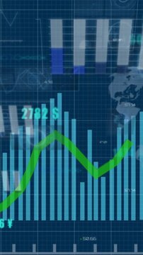 Animation of financial data processing over world map on dark background