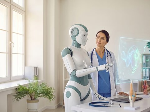 Medical professional doctor woman standing with humanoid robot assistant while reviewing anatomical data on glowing glass display panel.