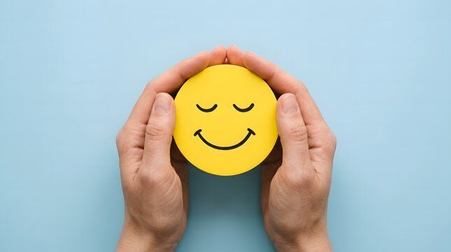 Hands holding yellow smiley face icon representing mental health wellbeing and positive customer service experience