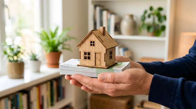 Person holding small wooden house model on stack of money in bright home interior
