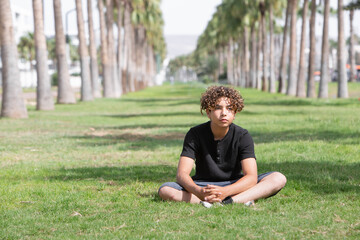 Obraz premium Thoughtful curly-haired teenage boy sitting on grass in a sunny park. A thoughtful curly-haired teenage boy sitting cross-legged on green grass in a peaceful park on a sunny day.