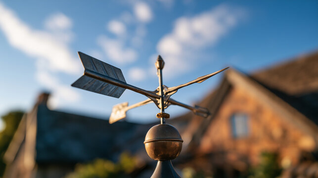 Wind vane on a rooftop indicating strong wind direction, metal weather vane clearly visible against a bright blue sky with soft white clouds, realistic residential roof in the back