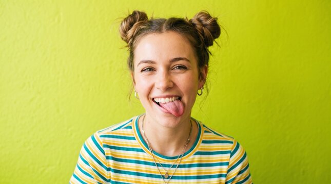 Playful happy young woman with space buns hairstyle sticking out tongue against bright vibrant lime green background