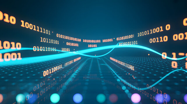 Digital data stream background with glowing blue light waves and orange binary code representing cyber network technology