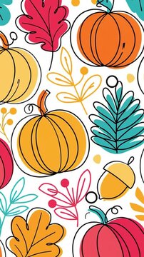 Autumn pattern composition with pumpkins line art, greeting card