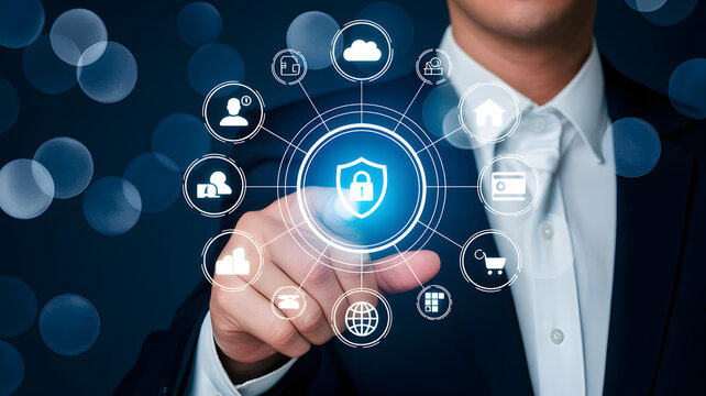 Businessman touching a digital shield security icon with glowing network symbols for data protection