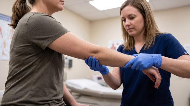 Ehlers Danlos syndrome joint examination, healthcare professional assessing patient mobility and hypermobility
