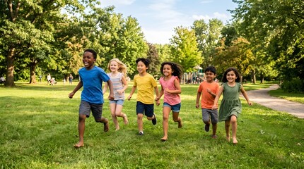 Fototapeta premium Diverse group of happy children running together in a sunny park