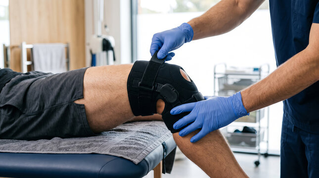 Knee rehabilitation physical therapy knee support, therapist treating joint injury with brace during clinical recovery and mobility treatment