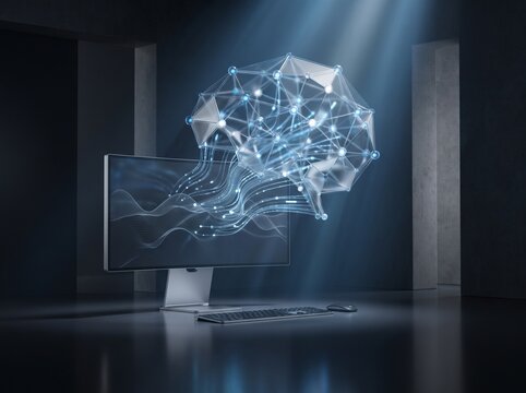Digital brain network emerges from a computer screen, symbolizing artificial intelligence and deep learning concepts.