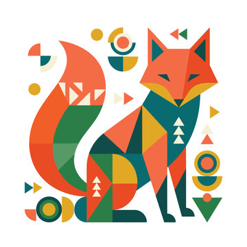 Stylized geometric fox sitting in abstract folk art pattern