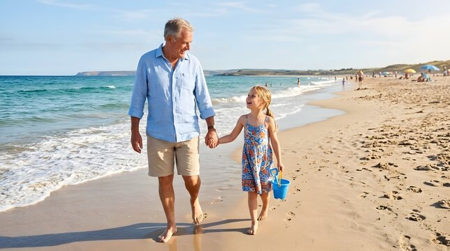Grandfather and granddaughter holding hands walking on a sunny beach