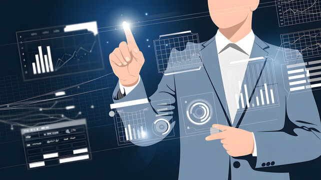 Businessman interacting with a futuristic digital interface visualization featuring data charts and holographic displays