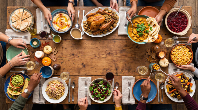 top perspective of friends eating an autumn fusion dinner featuring roast turkey, tacos, curry, pasta, and side dishes