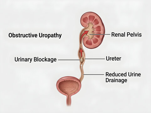 Obstructive uropathy with urinary blockage diagram isolated on white background