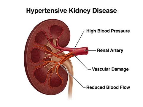 Hypertensive kidney disease illustration with blood flow issues isolated on white background