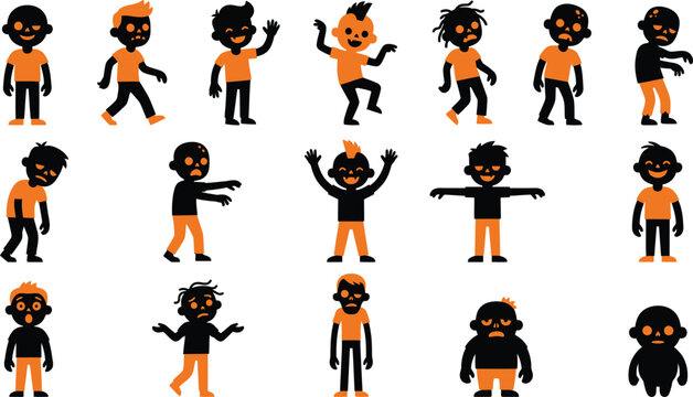 Set of cartoon zombie character poses showing various movements and expressions for animation and game design projects