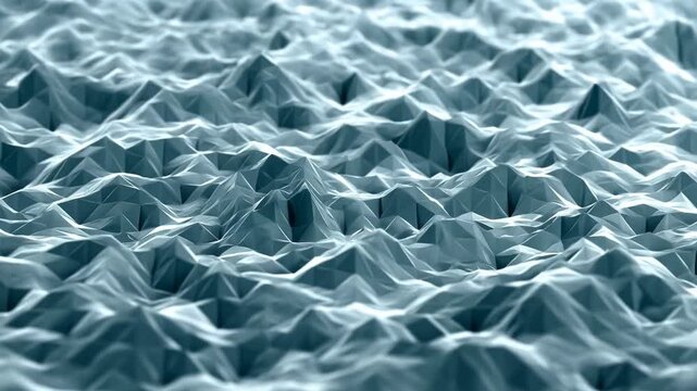 Abstract geometric surface pattern with layered icy blue waves and textured peaks flowing across frame, creating dynamic digital terrain appearance with shifting forms and cool color gradients