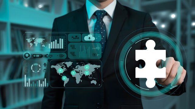Professional business leader offering a glowing puzzle piece, symbolizing strategic problem-solving and partnership amidst a dynamic holographic data interface for growth
