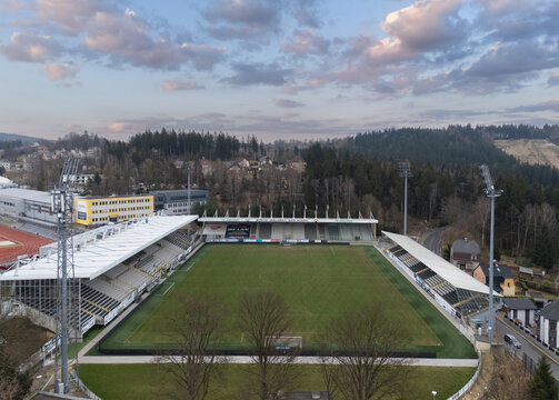 Jablonec nad Nisou, Czech Republic - March 23, 2025: Aerial view of Stadion Strelnice, home of FK Jablonec, showing the football pitch and stands.
