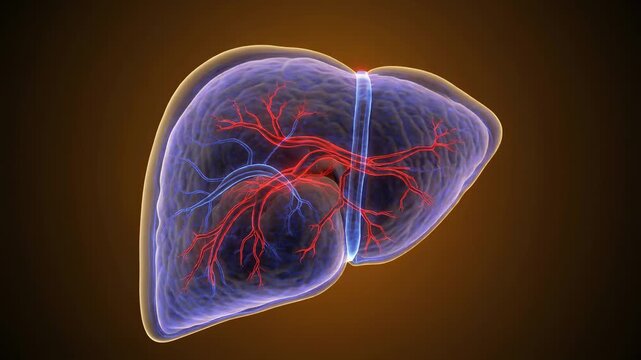 3D visualization of human liver anatomy showing internal blood vessels and hepatic structure.