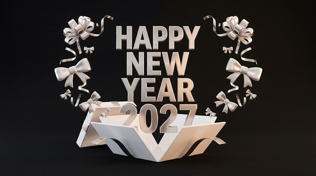 3d render of silver happy new year 2027 text emerging from an open gift box with decorative ribbons on a black background