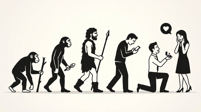 Human Evolution of Love and Marriage Proposal Concept Vector Illustration of Ape Caveman Modern Smartphone User to Kneeling Man Proposing to Happy Woman with Ring