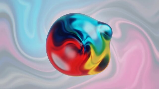 Abstract 3D colorful liquid sphere morphing and swirling on a pastel fluid background