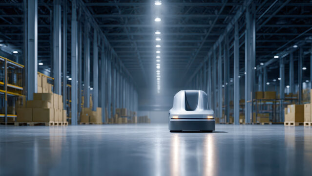 AGV operates in a night production hall without any driver in a quiet and focused environment