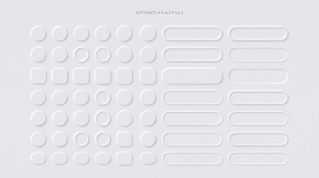 Neumorphic UI elements set with geometric shapes and buttons for modern web interface design