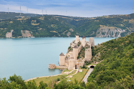 Aerial view of medieval Golubac Fortress rising above the Danube River gorge